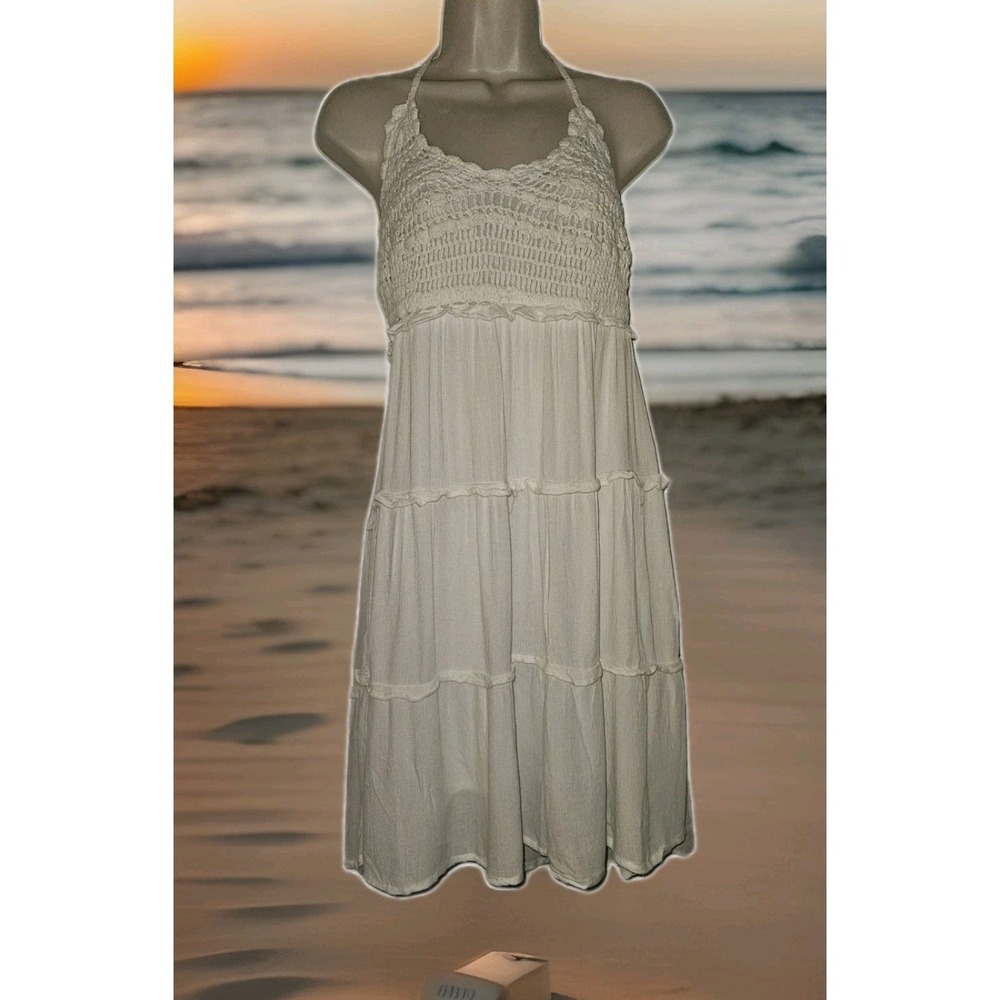 Sim & Sam Womens M‎ White Crochet Halter Chiffon Mini Sundress Babydoll Resort